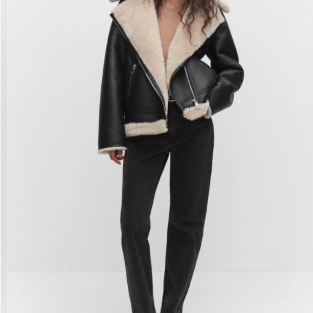 Brand New With Tags Mango Black and Cream Faux Leather Jacket size Large